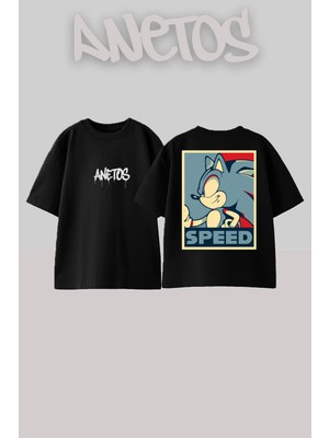 Anetos Sonic Speed Tasarım Sırt Baskılı Pamuk Siyah Oversize T-Shirt
