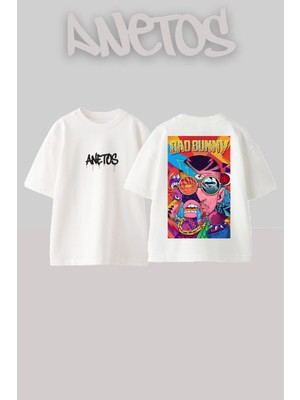 Anetos Bad Bunny 9 Tasarım Sırt Baskılı Pamuk Beyaz Oversize T-Shirt