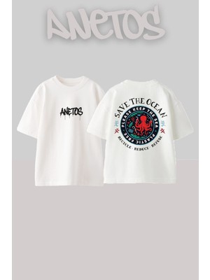 Anetos Save The Ocean Tasarım Sırt Baskılı Pamuk Beyaz Oversize T-Shirt