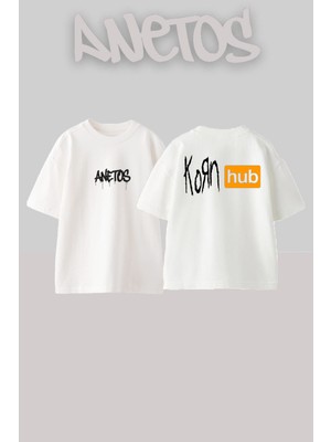 Anetos Korn 1 Tasarım Sırt Baskılı Pamuk Beyaz Oversize T-Shirt