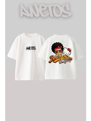 Anetos Bruno Mars Hello Kitty Tasarım Sırt Baskılı Pamuk Beyaz Oversize T-Shirt
