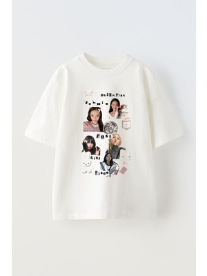 Anetos Black Pink 6 Baskılı Ünisex Pamuk Beyaz Oversize T Shirt