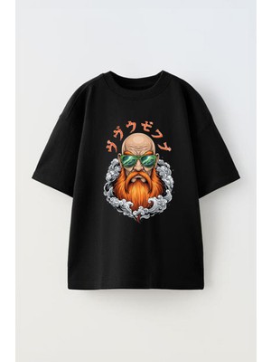 Anetos Kel Adam Baskılı Ünisex Pamuk Siyah Oversize T Shirt