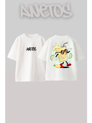 Anetos Limonata Cool Tasarım Sırt Baskılı Pamuk Beyaz Oversize T-Shirt