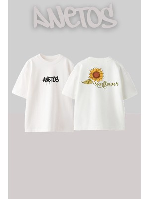 Anetos Aycicegi 1 Tasarım Sırt Baskılı Pamuk Beyaz Oversize T-Shirt