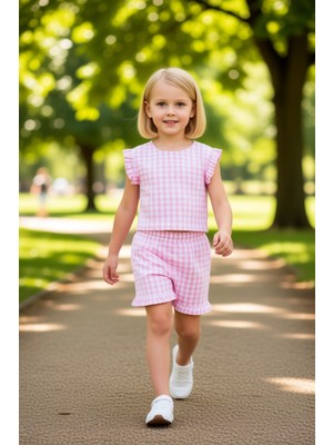 PayBuy Kız Çocuk Kolsuz Kareli Dokuma Üst ve Şort Takımı Kaliteli Şık Rahat  Günlük