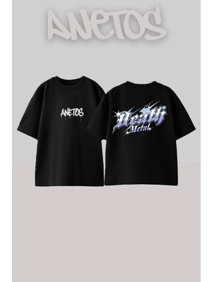 Anetos Metal 1 Tasarım Sırt Baskılı Pamuk Siyah Oversize T-Shirt