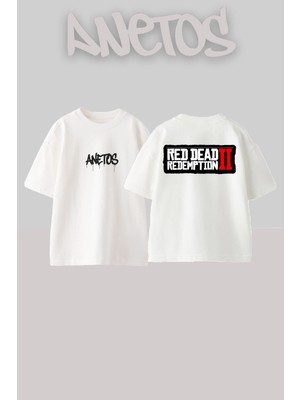 Anetos Rdr2 Tasarım Sırt Baskılı Pamuk Beyaz Oversize T-Shirt