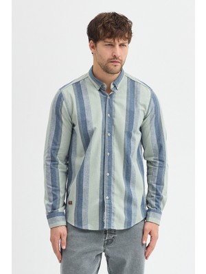 Cosplay Regular Fit Pamuk Karışımlı Melanj Çizgili Düğmeli Yaka Erkek Gömlek