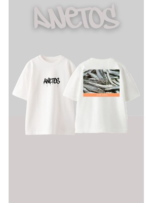 Anetos Hamsi Tasarım Sırt Baskılı Pamuk Beyaz Oversize T-Shirt