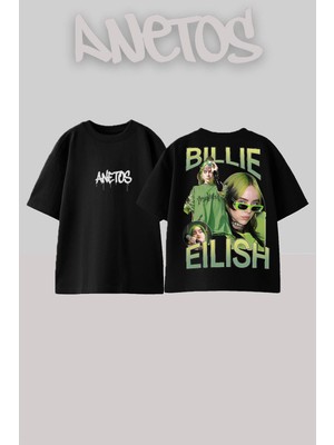 Anetos Bılle Eılısh Tasarım Sırt Baskılı Pamuk Siyah Oversize T-Shirt