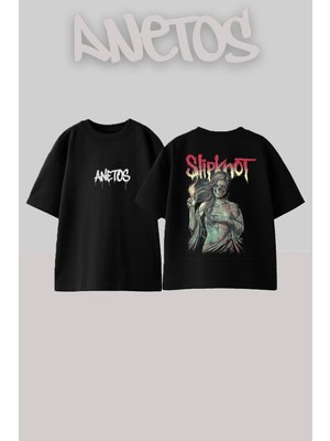 Anetos Slipknot 2 Tasarım Sırt Baskılı Pamuk Siyah Oversize T-Shirt