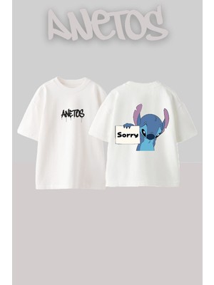 Anetos Sorry Sticth Tasarım Sırt Baskılı Pamuk Beyaz Oversize T-Shirt