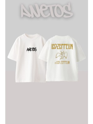 Anetos LED Zeppelin 9 Tasarım Sırt Baskılı Pamuk Beyaz Oversize T-Shirt