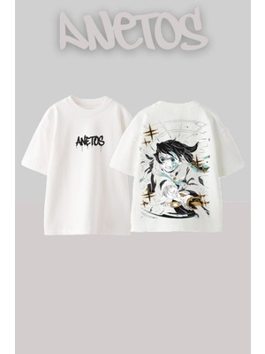 Anetos Demon Slayer 24 Tasarım Sırt Baskılı Pamuk Beyaz Oversize T-Shirt