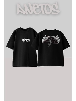 Anetos Hand Human Tasarım Sırt Baskılı Pamuk Siyah Oversize T-Shirt