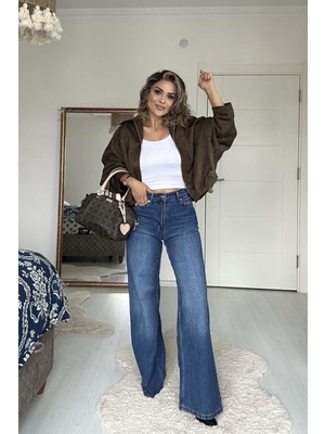 Eswomes Denim Lazer Tasarım Palazzo Pantolon Mavi