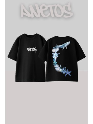 Anetos Denız Canlısı Tasarım Sırt Baskılı Pamuk Siyah Oversize T-Shirt