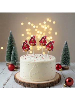 5 Adet Yılbaşı Kış Evi Pasta Süsü Seti - Noel Temalı Zencefilli Ev Cupcake Topper Figürü