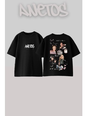 Anetos Black Pink 8 Tasarım Sırt Baskılı Pamuk Siyah Oversize T-Shirt
