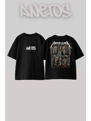 Anetos Metallica 5 Tasarım Sırt Baskılı Pamuk Siyah Oversize T-Shirt