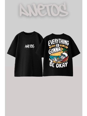 Anetos Everythıng Tasarım Sırt Baskılı Pamuk Siyah Oversize T-Shirt