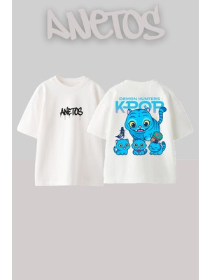 Anetos Kpop Cat Tasarım Sırt Baskılı Pamuk Beyaz Oversize T-Shirt