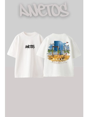 Anetos Dubai 3 Tasarım Sırt Baskılı Pamuk Beyaz Oversize T-Shirt