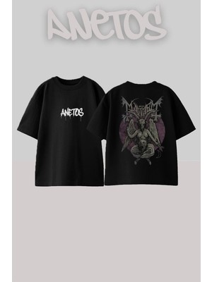 Anetos Demon 1 Tasarım Sırt Baskılı Pamuk Siyah Oversize T-Shirt