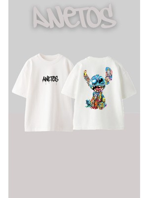 Anetos Stitch 3 Tasarım Sırt Baskılı Pamuk Beyaz Oversize T-Shirt