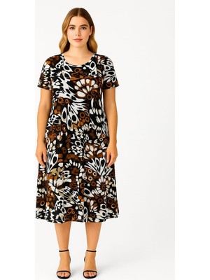Şans Kadın Büyük Beden Siyah, Kelebek Desenli , Bisiklet Yaka Viskon Elbise 65N39156