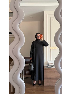 Touche Kontrast Payetli Krep Elbise Siyah