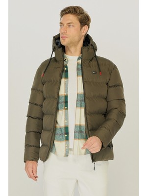 Erkek Haki Kalın Astarlı Rüzgar Geçirmez Kapüşonlu Kışlık Şişme Mont