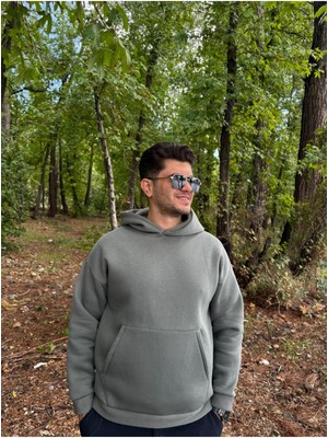 My Butik Erkek 3 Iplik Basic Oversize Kanguru Cepli Kapüşonlu Sweatshirt