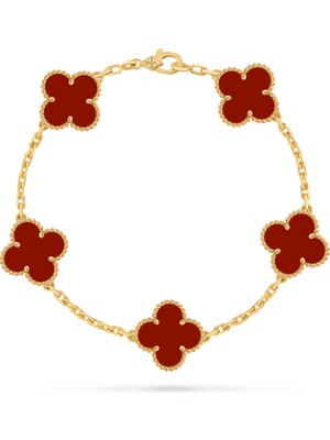 Van Cleef & Arpels Vintage Alhambra Bileklik, 5 Motif Yonca,  Bordo Karnelyan 925 Ayar Gümüş