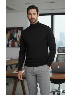 Millionaire Erkek Siyah Yarım Balıkçı Yaka Triko Kazak Regular Fit Günlük Stil