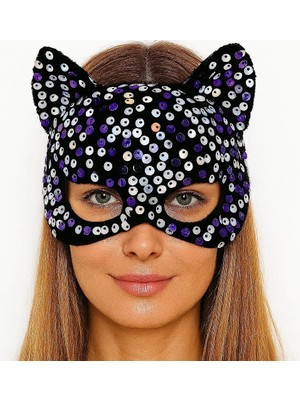 Alvo Store Siyah Kadife Kumaş Üzerine Mor Beyaz Payetli Pullu Parti Maskesi 16X14 cm