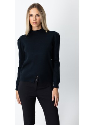 On Kadın Dik Yaka Düğme Detaylı Kazak 65331 Siyah