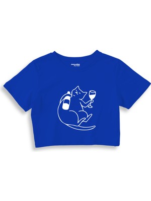 The Lucid Lab Wine Lover Cat Crop Tişört - Mavi