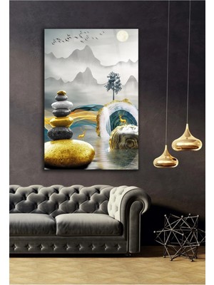 AR AJANS KANVAS TABLO Soyut Altın Geyikler ve Altın Detaylı Taşlar Dekoratif Cam Tablo