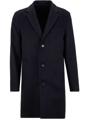 Fabrika Slim Fit Siyah Palto Erkek Uzun Kol Akrilik Düz Desenli Ceket Yaka-F5WM-PLT 2895