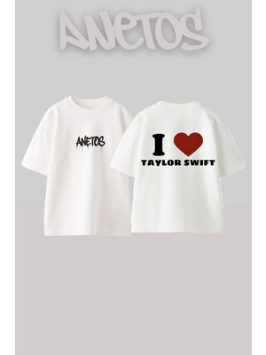 Anetos Taylor Swift 3 Tasarım Sırt Baskılı Pamuk Beyaz Oversize T-Shirt