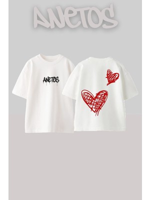 Anetos Lovers Tasarım Sırt Baskılı Pamuk Beyaz Oversize T-Shirt