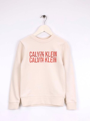 Calvin Klein Baskılı Erkek Çocuk Ekru Sweatshırt IB0IB02527PGB