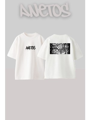 Anetos Tiger Tasarım Sırt Baskılı Pamuk Beyaz Oversize T-Shirt