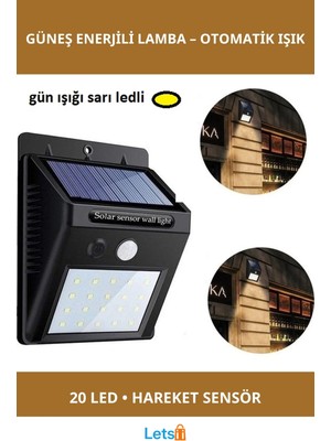 Letsii Hareket Sensörlü Güneş Enerjili 20 LED Lamba Dış Mekan Aydınlatma