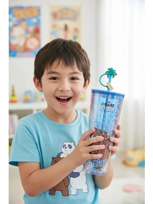 Miniso We Bare Bears Lisanslı Pipetli Çift Cidarlı Plastik Bardak (800ML) (Boz Ayı)