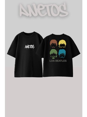 Anetos The Beatles 2 Tasarım Sırt Baskılı Pamuk Siyah Oversize T-Shirt