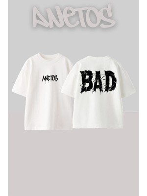 Anetos Bad 1 Tasarım Sırt Baskılı Pamuk Beyaz Oversize T-Shirt