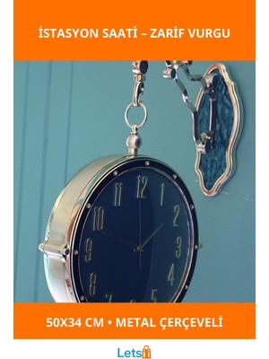 Letsii Metal Çerçeveli Modern Duvara Asmalı Istasyon Saati 50X34 cm